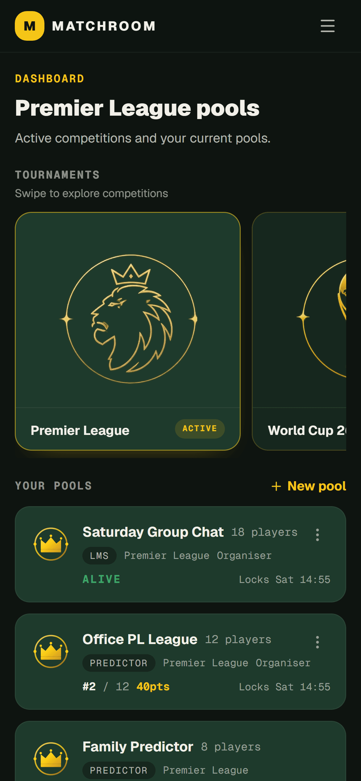 Matchroom Premier League dashboard on a phone
