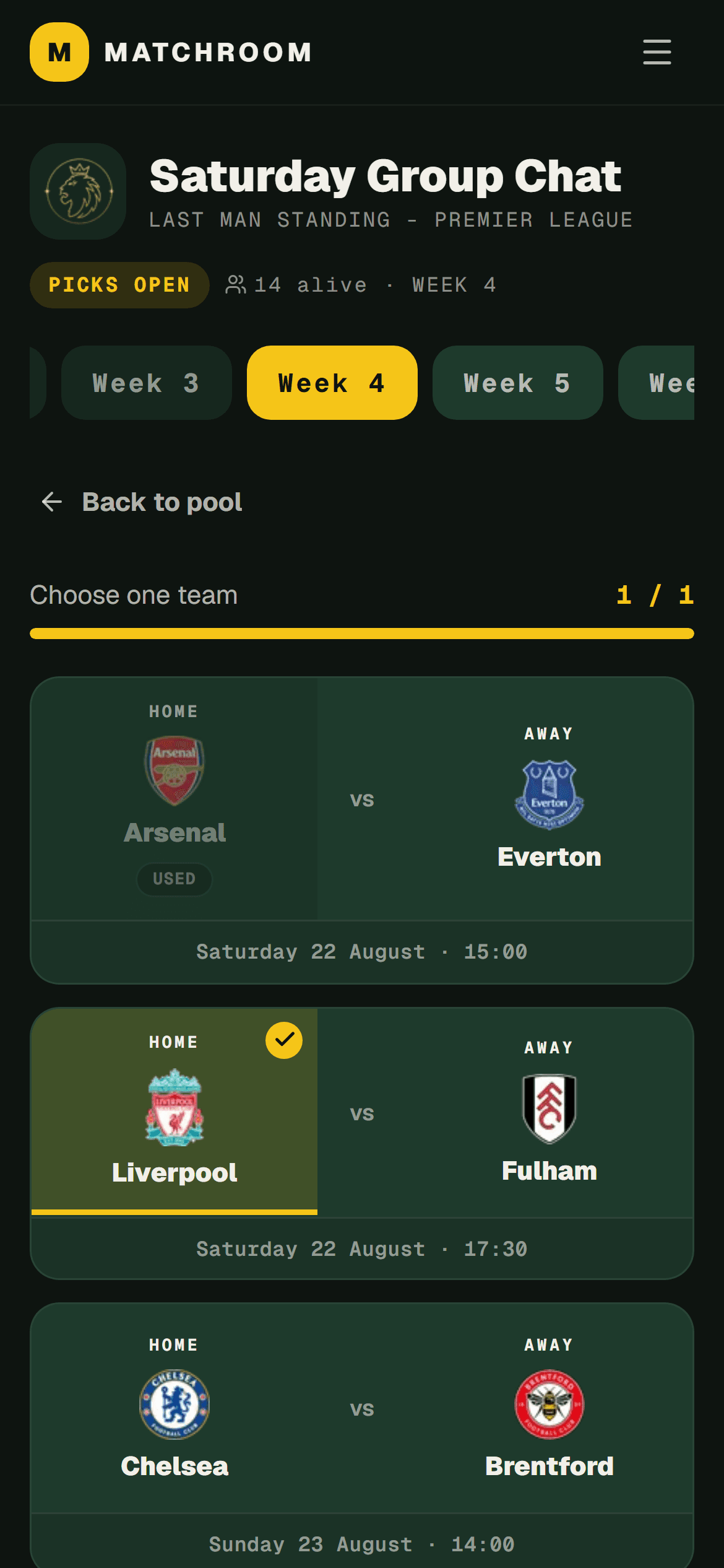 Matchroom Last Man Standing pick screen on a phone