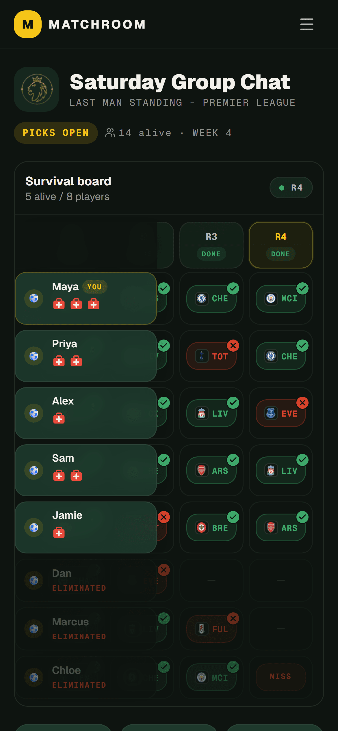 Matchroom Last Man Standing survival table on a phone
