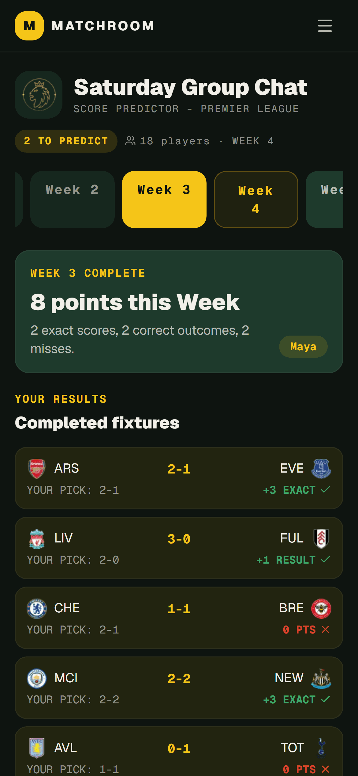 Matchroom Score Predictor results on a phone